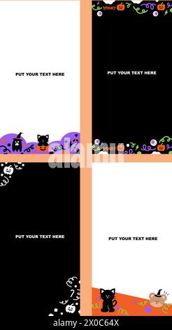 Vertical frames with black cat, pumpkin, ghost for Halloween, banner, card, print, ad template, spooky wallpaper, memo, social media post, poster Stock Vector