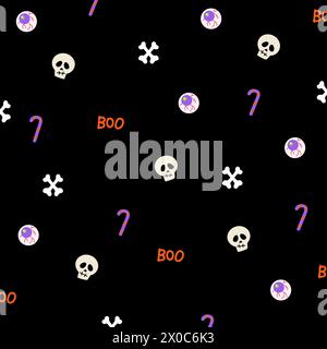 Illustrations of head skull, candy cane, bone, eye with blood vessel on black background for Halloween, fabric, costume, card, ad template, wallpaper Stock Vector