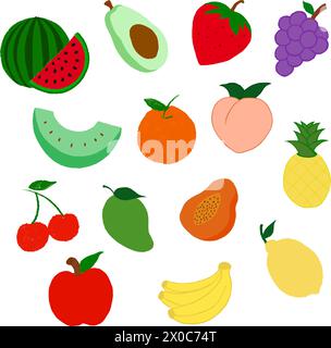 Hand drawn fruits such as watermelon, avocado, strawberry, grape, orange, melon, peach, pineapple, papaya, mango, cherry, apple, banana for grocery Stock Vector