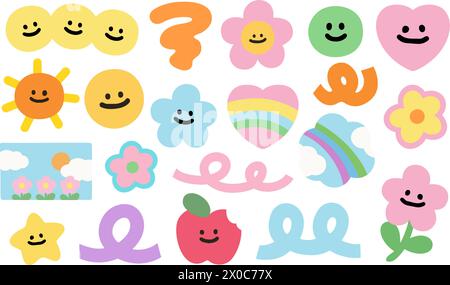 Cute illustration of summer elements such as sun, rainbow, sky, flowers, apple, heart, doodles for spring, picnic, stickers, logo, icon, cartoon, ads Stock Vector