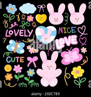 Pastel elements of pink bunny, flowers, butterfly, ribbon and abstract doodles for easter, background, wallpaper, print, kid pattern, clothes, summer Stock Vector