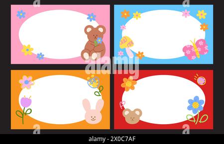 Cute frame set with teddy bear, bunny, flowers for banner, background, wallpaper, ad template, floral, picnic, spring, summer, animals, pet, vet, zoo Stock Vector