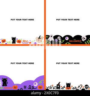 Square frames with black cat, teddy bear, pumpkin, head skull for Halloween, banner, card, print, ad template, wallpaper, memo, sticky notes, notepads Stock Vector