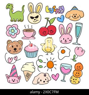 Illustrations of kid drawing and kid colouring style of dinosaur, rabbit, teddy bear, cupcake, cherry, flowers, coffee, fried egg, ice cream cone, sun Stock Vector