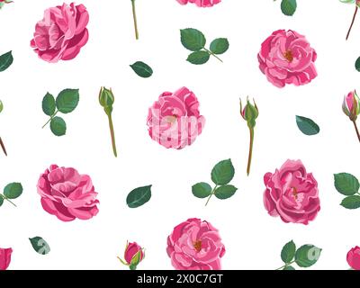 Roses or peonies, stems and leaves pattern print Stock Vector