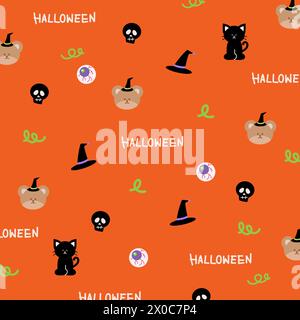 Illustration of black cat, teddy bear, witch hat, head skull on orange background for Halloween, card, print, pattern, wallpaper, gift wrap, packaging Stock Vector