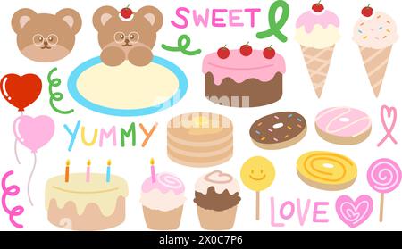 Sweet dessert and snack illustrations with teddy bear, birthday cakes, cupcakes, pancake butter, doughnut, heart balloons, ice cream, candy Stock Vector