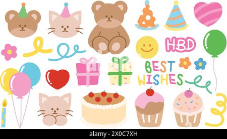 Happy birthday illustrations of teddy bear, party hat, gift box, cakes, cupcake, candle, balloons, flowers and doodle icons for birthday card, sticker Stock Vector