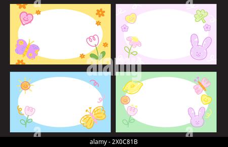 Pastel frame set with bunny, butterfly, flowers for banner, background, wallpaper, ad template, floral, picnic, spring, summer, animal, pet, vet, zoo Stock Vector