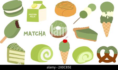 Matcha desserts such as cinnamon roll, donut, dango, ice cream, yam roll cake, macaron, milk and pretzel for cafe, restaurant, logo, icon, stickers Stock Vector