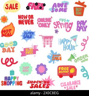 Hand drawn sale icons such as now or never, good day, hot deal, free delivery, happy hour, payday, add to cart, happy shopping, shocking sale, free Stock Vector