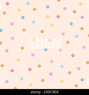 Colourful paws on a pastel orange background for animal wallpaper, print, cute pattern, pet clothes, pet shop, vet, backdrop, puppy element, print Stock Vector