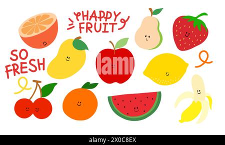 Happy fruit illustrations of orange, mango, cherry, watermelon, apple, strawberry, lemon, banana for icon, stickers, card print, icon, logo, cartoon Stock Vector