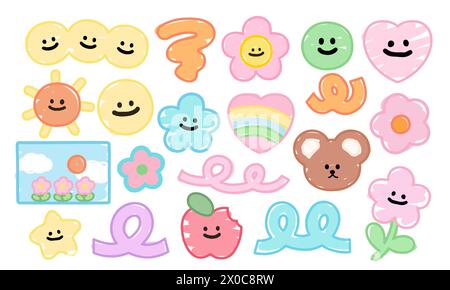 Happy summer illustrations of teddy bear, sun, flowers, apple, rainbow, heart and sky in pastel colour for sticker, card print, icon, logo, cartoon Stock Vector