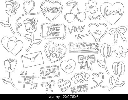 Valentine's Day outlines such as rose, heart, flowers, cherry, love letter for kid colouring book, stickers, tattoo, logo, icon, card, print, sign Stock Vector