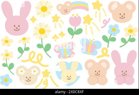 Cute pastel illustrations of bunny, flowers, butterfly, teddy bear, rainbow for easter, nature, garden, sticker, card print, icon, logo, cartoon Stock Vector