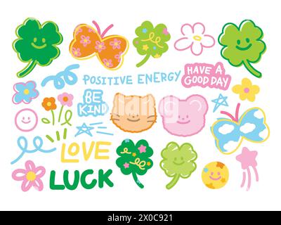 Cute illustrations of clover leaf, flowers, butterfly, cat, teddy bear, positive energy for lucky icon, stickers, card print, icon, logo, cartoon Stock Vector