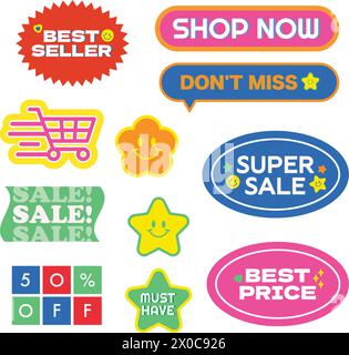 Colourful illustration of sale icons such as best seller, shop now, don't miss, super sale, best price, cart icon, half price, must have, star sign Stock Vector