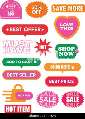 Colourful illustration of sale icons such as 50% off, save more, love this, shop now, favourite heart icon, best price, add to cart, best seller Stock Vector
