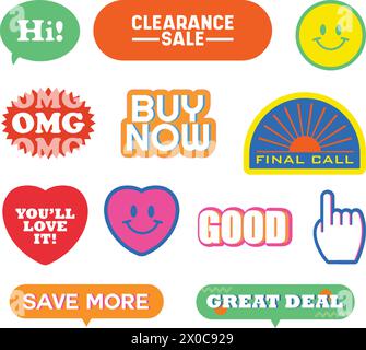 Colourful illustration of sale icons such as clearance sale, final call, great deal, omg, buy now, love it, good, save more, click here sign Stock Vector