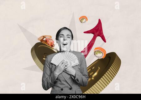 Creative poster image collage young girl banknotes cash millionaire golden tokens coins trader earnings investor asian food pizza junk diet Stock Photo