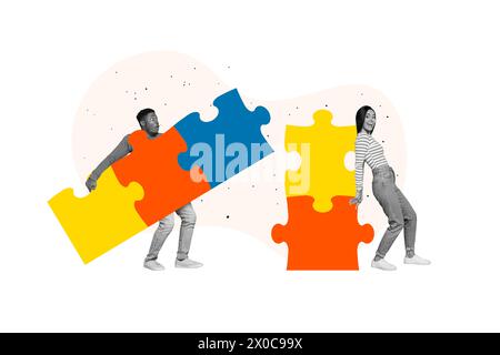 Creative collage picture young two colleagues complete puzzle game jigsaw intellectual game solution concept task accomplishment Stock Photo