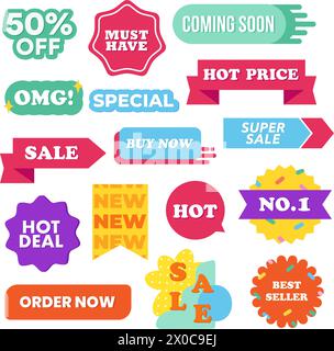 Colourful illustration of sale icons such as must have, coming soon, special, hot price, buy now, super sale, hot deal, half price, order now Stock Vector