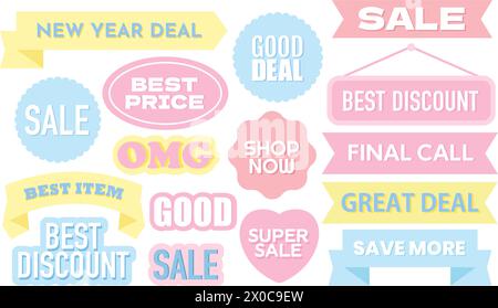 Pastel illustration of sale icons such as new year deal, best price, best discount, final call, save more, super sale, best item, shop now, great deal Stock Vector