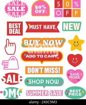 Colourful illustration of sale icons such as 50% off, must have, new, best deal, buy now, add to cart, shop now, save more, star sign, click here Stock Vector