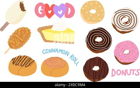 Hand drawn snacks and sweet desserts of ice cream stick, sausage corn dog, donuts, cinnamon rolls, lemon cheese pie for cafe, menu, restaurant, recipe Stock Vector