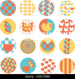 Circle sticker set with flowers and butterfly for decorations, logo, icon, social media, sign, symbol, spring, summer, print, picnic, template Stock Vector