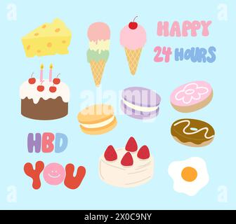 Hand drawn snacks and sweet desserts of birthday cake, macaron, donuts, fried egg, ice cream cone and cheese for food icon, bakery, pastry, cafe, menu Stock Vector