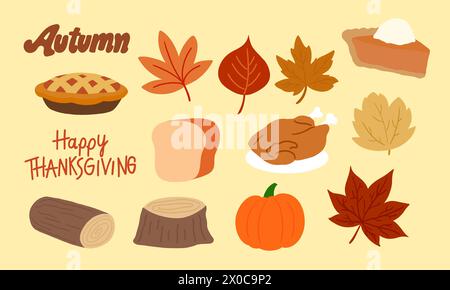 Illustrations of autumn elements such as red leaves, orange leaves, carrot cake, pie, pumpkin, timber wood, turkey chicken for stickers, logo, icon Stock Vector