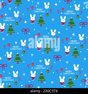 Christmas illustration of bunny, red ribbon, tree, candy cane, MERRY CHRISTMAS letters on a blue background for card, wallpaper, fabric print, pattern Stock Vector