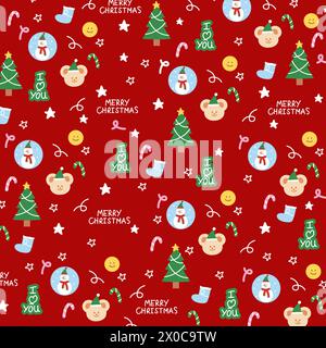 Christmas illustration of snowman, teddy bear, candy cane, MERRY CHRISTMAS letters on a red background for card, wallpaper, fabric print, pattern Stock Vector