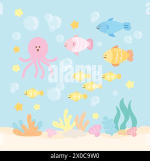 Pastel illustrations of under the sea including fish, coral reef, octopus, sea shell for aquarium, marine lives, background, ocean view, wallpaper Stock Vector