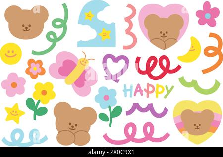 Vector illustrations of teddy bear and cute summer elements of butterfly, flower, HAPPY font, heart, moon and pastel doodle icons for decoration, icon Stock Vector