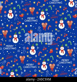 Christmas illustration of snowman, teddy bear, candy cane, MERRY CHRISTMAS letters on a blue background for card, wallpaper, fabric print, pattern Stock Vector