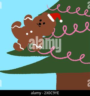 Hand drawn Christmas elements of gingerbread man with Santa hat and Christmas tree on a pastel blue background for card, wallpaper, backdrop, print Stock Vector