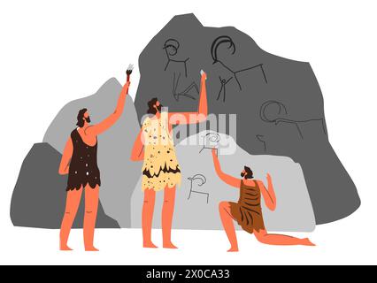 Prehistoric art, people drawing animals on caves Stock Vector