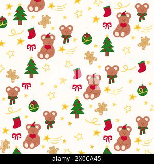 Christmas illustration of Christmas tree, teddy bear, gingerbread man, red ribbon, sock on a creamy background for wallpaper, fabric print, pattern Stock Vector