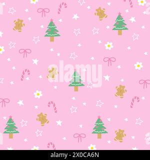 Christmas illustration of Christmas tree, candy cane, gingerbread man, pink ribbon on a pastel pink background for wallpaper, fabric print, pattern Stock Vector