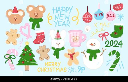 Christmas and New Year illustrations of teddy bear, bunny, candy cane, tree, ornaments, snowman, gingerbread man, winter scarf, warm drink, snowflakes Stock Vector
