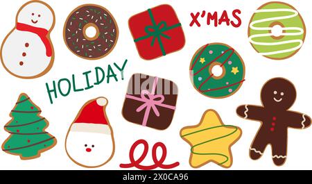 Hand drawn Christmas and New Year donuts such as snowman, gift box, gingerbread man, Christmas tree for cafe, bakery, pastry, menu, recipe, snacks Stock Vector