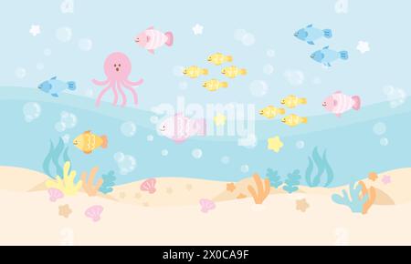 Pastel illustrations of under the sea including fish, coral reef, octopus, sea shell for aquarium, marine lives, background, ocean view, wallpaper Stock Vector