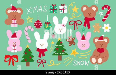 Christmas and New Year illustrations of teddy bear, bunny, candy cane, tree, ornaments, red ribbon, gingerbread man, gift box, scarf, Christmas hat Stock Vector