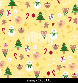 Christmas and New Year illustrations of teddy bear, Christmas tree, snowman, candy cane, gift box, warm drink on a yellow background for gift wrap Stock Vector