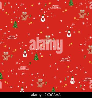 Christmas and New Year illustrations of teddy bear, Christmas tree, snowman, candy cane and MERRY CHRISTMAS letters on a red background for gift wrap Stock Vector