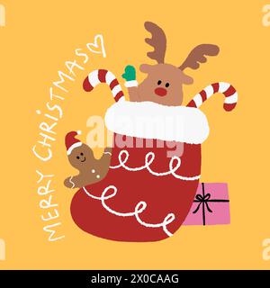 Hand drawn Christmas and New Year elements with socks, reindeer, gingerbread man, candy cane and MERRY CHRISTMAS letters on a yellow background Stock Vector