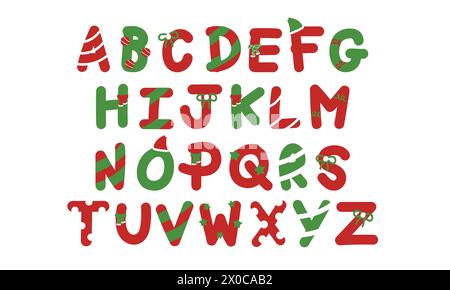 A to Z alphabet letters design in Christmas theme for decorations, typography, initials, winter stickers, festive campaign, logo, icon, card, print Stock Vector